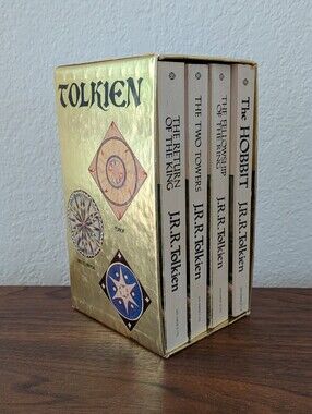 J.R.R. Tolkien Hobbit Lord of Rings vintage 1973 Box Set 4 Paperbacks Gold Foil